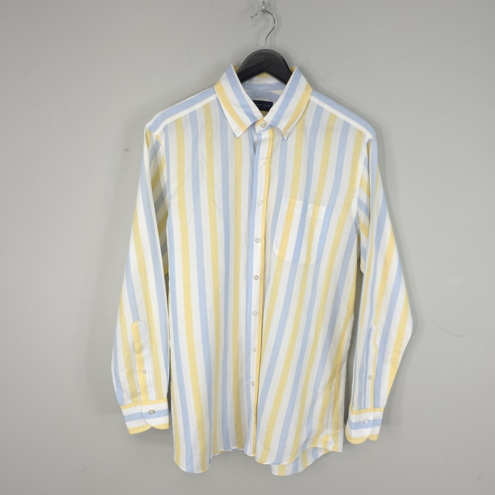 Proper Cloth Shirt Mens 16 32/33 Yellow Blue Stripe Linen Cotton Long Sleeve